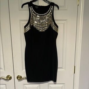 Bebe Black Gold Embellished Halter Mini Dress